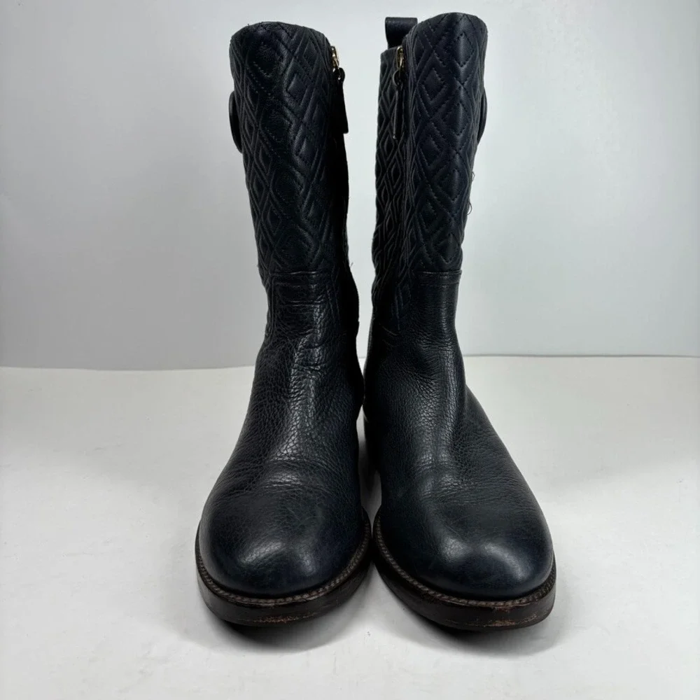 Tory Burch Marion Women's US 8M Quilted Black Leather Mid-Calf‎ Boots Equestrian